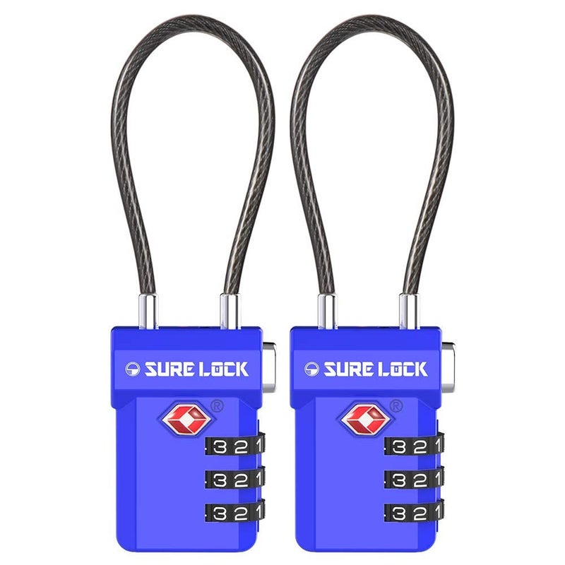 SURE LOCK TSA Approved Cable Luggage Lock â€“ TSA Locks for Luggage with Visual Inspection Indicator, Resettable 3-Digit Combination, Zinc Alloy Body for Suitcases, Backpacks, Gym Lockers(Blue 2 Pack) - Image 1